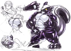 2018 anthro balls bodily_fluids breasts countershading cum cumshot ejaculation female ftm_transformation gender_transformation genital_fluids genitals goo_transformation growth hair human human_to_anthro male mammal mephitid muscle_growth muscles nude open_mouth penis rubber sequence simple_background skunk solo species_transformation standing tonde tongue tongue_out transformation white_background white_countershading