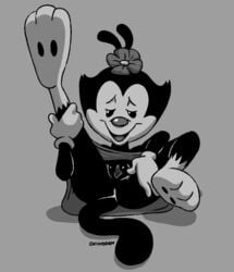 2020 3_toes accessory animaniacs anthro black_body black_fur black_pawpads bottomwear clothed clothing dot_warner female flower flower_in_hair fur genitals gloves grey_background greyscale hair hair_accessory half-closed_eyes hand_on_butt hand_on_leg handwear inkblot looking_at_viewer lying mammal monochrome narrowed_eyes on_back onihidden open_mouth pawpads plant presenting presenting_pussy pussy raised_leg simple_background skirt smile solo spread_legs spread_pussy spreading toes topless warner_brothers white_body white_clothing white_fur white_gloves young