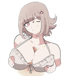 bikini clothed_sex cum cum_on_breasts cum_on_closed_eye cum_on_face danganronpa danganronpa_2:_goodbye_despair nanami_chiaki paizuri pink_eyes pink_hair straight_hair swimsuit