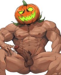 1boy abs ass_visible_through_thighs bara chest completely_nude cum erection feet_out_of_frame halloween halloween_costume highres jack-o'-lantern male_focus male_only monster_boy muscle navel navel_hair nipples nude original penis precum pumpkin pumpkin_hat pumpkin_head smile solo spread_legs tamazukiakiyama testicles thick_thighs thighs uncensored veins veiny_penis