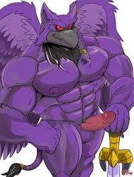 anthro balls beak bird boner ear_piercing erection furry gay hand_on_hip looking_at_viewer lord_kass male male_only muscles muscular muscular_anthro muscular_male nude penis red_eyes red_sclera solo sword tail thy_carker thymilph vein veins veiny_penis wings