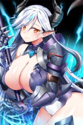 bikini_armor cleavage dragon_girl epic7 facial_tattoo female female_warrior horns lancer large_breasts long_hair looking_at_viewer luna_(epic7) red_eyes smiling unknown_artist white_hair