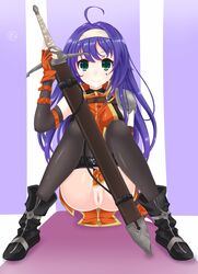 1girls exposed_pussy fire_emblem fire_emblem:_path_of_radiance fire_emblem:_radiant_dawn green_eyes helvetica_5tandard helvetica_std long_hair mia_(fire_emblem) nintendo no_panties purple_hair pussy sitting solo solo_female source_request sword thighhighs upskirt weapon