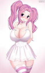 arms_behind_back big_breasts blush breasts cute female huge_breasts kainkout nervous nervous_smile pale_skin pigtails pink_hair purple_eyes shy skirt thick thick_thighs thighhighs thin thin_waist wide_hips