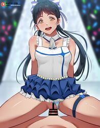 1boy 1girls background bar_censor censored clothed clothed_sex clothes concert dark_hair happy_sex hazuki_ren idol keisuke_aero light-skinned_female light-skinned_male light_brown_eyes light_skin long_hair love_live! love_live!_superstar!! panties panties_aside penetration penis pussy sex sweat vaginal_penetration