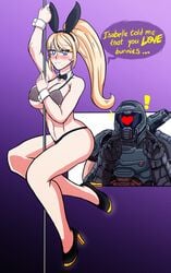 ! 1boy 1girls bethesda_softworks big_breasts big_butt bimbo blonde_hair breasts bunny_costume bunny_ears bunny_girl bunnysuit crossover doom doom_eternal doom_slayer_(doom) english_text female heart heart-shaped_pupils killerghost lingerie metroid nintendo nipples nipples_visible_through_clothing pole pool samus_aran seductive seductive_smile sex sexually_suggestive smile stripper_pole suggestive text visible_nipples zero_suit_samus