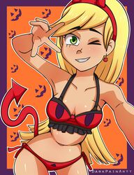 1girls armpit blonde_hair blush bra breasts collarbone cosplay costume darkpainartt demon demon_costume demon_girl demon_horns demon_tail earrings female female_only green_eyes grin hairband halloween halloween_costume headband leni_loud lingerie long_hair looking_at_viewer midriff navel nickelodeon one_eye_closed panties selfie smile straight_hair the_loud_house thighs wink