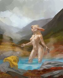 anthro breasts female fur genitals hair hi_res hot_spring jewelry lagomorph landscape leporid mammal mountain necklace nude outside painting painting_(artwork) partially_submerged pinguinolog pussy rabbit solo standing steam towel water wet white_body white_fur