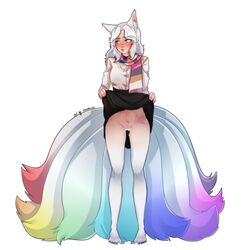 1girls aki_amari embarrassed fire_emblem fire_emblem:_three_houses furry kitsune rainbow_fur skirt_lift solo white_fur white_hair