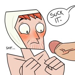 blush clone_high dialogue gay ginger hesitant jfk_(clone_high) oral red_hair text_bubble van_gogh_(clone_high) veiny_penis