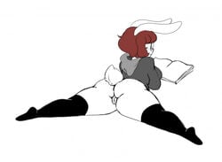 anthro anus ass big_butt book bottomless clothed clothing eyewear female freckles fur genitals glasses hair hoodie lagomorph leggings legwear leporid long_ears mammal pussy rabbit reading red_hair scribs03 short_hair short_tail solo thigh_highs topwear white_body white_fur