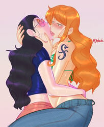 2girls arms_around_waist artist_name bikini bikini_top black_hair blush closed_eyes denim female female_focus female_only french_kiss green_bikini highres jacket jeans joylewds kissing lesbian long_hair multiple_girls nami nico_robin one_piece orange-tinted_eyewear orange-tinted_glasses orange_eyes orange_hair pants post-timeskip short_sleeves shoulder_tattoo skirt straddling sunglasses sweat swimsuit tagme tattoo tinted_eyewear tongue tongue_out yuri