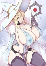 artoria_pendragon artoria_pendragon_(lancer_alter) between_breasts blonde_hair cleavage curvy fate/grand_order fate_(series) female garter_belt garter_straps hirasawa_seiji huge_breasts long_hair looking_at_viewer royal_icing skimpy_clothes smiling staff thick_thighs thighhighs wip witch_hat wizard yellow_eyes