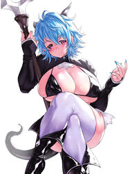 big_breasts big_eyes bikini_top black_bikini blue_hair blue_nails boots cleavage crossed_legs curvy demon_girl demon_horns demon_tail eyebrows_visible_through_hair female horns huge_breasts latex_boots looking_at_viewer onsoku_inu original original_character red_eyes sharp_nails short_hair sitting skimpy_clothes skindentation sleeves_past_wrists solo staff tail thick_thighs white_background white_legwear zipper