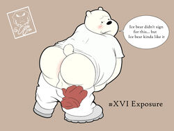 anthro blush camsan_r_s cartoon_network clothing dialogue english_text exposed hi_res ice_bear male male/male mammal overweight polar_bear slightly_chubby solo text undressing ursid ursine we_bare_bears