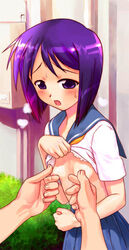 blush breasts clothing flat_chest love_hina maehara_shinobu nipple_pull nipple_tweak nipples open_mouth purple_hair pussy_juice schoolgirl schoolgirl_uniform shirt_lift skirt