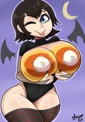 1girls areolae black_fingernails black_hair blue_eyes bmayneart candy_corn candy_corn_pattern closed_mouth dark_hair fangs female female_only hotel_transylvania looking_at_viewer mavis_dracula nipples one_eye_closed pale pale-skinned_female pale_skin short_hair solo thick_thighs thighhighs tongue tongue_out wide_hips wink