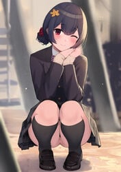 1girls black_socks blush female female_only gin00 idolmaster knee_socks kneehighs kneesocks loafers morino_rinze pussy red_eyes short_hair socks solo tagme uncensored