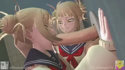 1boy 2girls 3d all_the_way_to_the_base animated assisted_fellatio balls bathroom big_penis blonde_hair clone deepthroat doppelganger faceless_male fellatio forced_oral glory_hole himiko_toga irrumatio large_penis looking_at_partner multiple_girls my_hero_academia oral penis selfcest shamelessdeeg shounen_jump smile sound source_filmmaker standing tempty through_wall video yellow_eyes