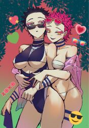 2girls akaza_(kimetsu_no_yaiba) alternate_costume bikini black_hair body_markings demon_slayer dual_persona female female_only genderswap_(mtf) hakuji heart-shaped_eyewear kimetsu_no_yaiba looking_at_viewer medium_breasts nail_polish one-piece_swimsuit pink_hair rule_63 short_hair smile sunglasses sunglasses_on_head swimsuit tattoos thick_eyelashes umaidkzkwk underboob very_short_hair white_bikini yellow_eyes