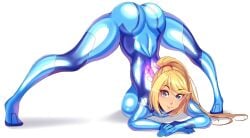 1girls ass ass_up big_ass big_breasts blonde_hair blue_bodysuit blue_eyes bodysuit breasts clothing female female_only full_body hair huge_ass huge_breasts jack-o_pose mature mature_female mature_woman metroid nintendo ponytail pose posing samus_aran smile solo solo_female thick_thighs thighs tight_clothing volyz zero_suit_samus