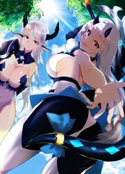 2girls bikini_armor cleavage dragon_girl dragon_tail dress epic7 fantasy female_warrior horns lancer large_breasts long_hair luna_(epic7) multiple_girls nipples_visible_through_clothing offering outdoor red_eyes sisters smiling sword unknown_artist white_hair yufine_(epic7)