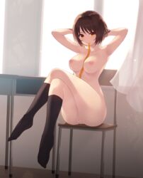 1girls armpits bangs black_legwear breasts brown_eyes brown_hair cait female hair_ribbon large_breasts light_skin medium_hair naked nipples nude pussy sitting smile socks solo straight_hair suzumiya_haruhi suzumiya_haruhi_no_yuuutsu tagme uncensored white_skin