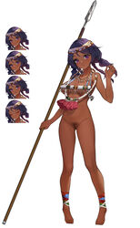 1girls absurdres ankle_wrap anklet barefoot bead_necklace beads blush closed_eyes closed_mouth convenient_censoring dark-skinned_female dark_skin expression_chart expressions female female_only headband highres jewelry necklace nude open_mouth original polearm purple_eyes purple_hair pussy serious smile solo spear tan tribal twintails weapon worried yi_(saver5607)