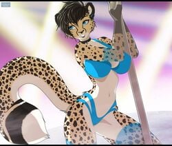 anthro blue_bra blue_eyes blue_panties earrings female furry gizmo0sue handwear large_breasts leopard pole_dancing short_hair thighhighs underwear zeliska