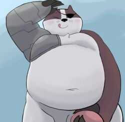 anthro badger badgerclops belly blush cartoon_network cybernetics cyborg eye_patch eyewear falls-down-steps genitals hi_res holding_penis machine male mammal mao_mao:_heroes_of_pure_heart mechanical_arm moobs mustelid musteline navel penis slightly_chubby solo tongue