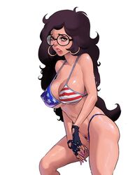 american_flag american_flag_bikini black_hair buckteeth fingerless_gloves glasses large_breasts long_hair lubobby nerd nipples_visible_through_clothing pubic_hair