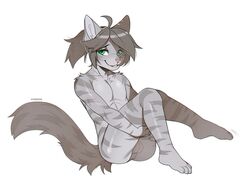 2020 4_toes anthro anus balls digital_media_(artwork) domestic_cat eihman eyebrows eyelashes felid feline felis femboy fingers fur genitals green_eyes grey_body grey_fur grey_hair hair male male_only mammal simple_background smile solo toes white_background