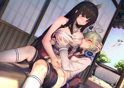 1boy absurdres age_difference ahoge akagi_(warship_girls_r) areolae arm_around_waist bangs between_breasts black_hair black_sailor_collar black_shorts blouse blunt_bangs blush breast_grab breast_sucking breasts censored closed_eyes cum day dutch_angle ejaculation eyebrows_visible_through_hair female flower grabbing green_hair hair_between_eyes hair_flower hair_ornament hairclip hand_on_another's_head handjob headgear headphones headphones_around_neck heart_ahoge highres japanese_clothes jewelry kimono kimono_pull kneehighs lactation large_breasts long_hair long_sleeves looking_at_another neckerchief necklace nipples nose_blush nursing_handjob obi on_floor original_character outdoors penis porch ray_(pixiv9514208) red_eyes red_kimono sailor_collar sarashi sash school_uniform shorts shorts_pull sitting smile straight very_long_hair warship_girls_r watch white_blouse white_legwear wind_chime