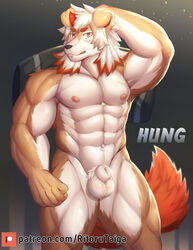 2020 abs animal_genitalia anthro blush canid canine canis domestic_dog english_text furry genitals highres looking_at_viewer male male_only mammal muscular muscular_anthro muscular_male nude patreon pecs ritorutaiga sheath signature solo testicles text url