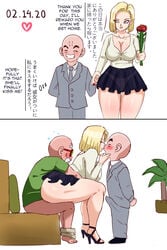 2boys android_18 bald_male blonde_female blonde_hair blue_eyes cheating cheating_wife cuckold curvy dialogue dragon_ball dragon_ball_z english_text erection_under_clothes female heels japanese_text kissing kissing_lover_while_cheating krillin kuririn larger_female male master_roshi no_panties old_male pinkpawg sex shounen_jump size_difference text thick_thighs