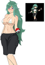 ace_trainer_(pokemon) ace_trainer_(pokemon_clover) artist_request bad_censor big_breasts blush censored covered_nipples covering female female_focus female_only green_hair large_breasts long_green_hair long_hair npc_trainer pokemon pokemon_clover tagme