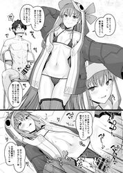 1boy animal_costume animal_hood ao_banana bikini bird blush censored comic crotch_plate fate/grand_order fate_(series) female femdom hood long_hair meltryllis monochrome navel penguin penguin_costume penguin_hood penis sex swimsuit text