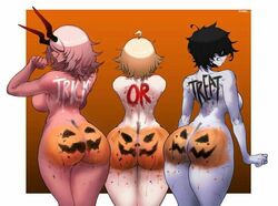 3girls babo big_ass black_hair chris_(babo) female female_only halloween multiple_girls nude yellow_hair