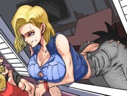 android_18 blonde_hair bursting_breasts cheating cheating_wife cleavage clueless cunnilingus dragon_ball dragon_ball_z female hello_(artist) husband_and_wife krillin kuririn marron milf mother netorare nonude older_female oral oral_sex son_goku stealth_cunnilingus stealth_sex sweat window