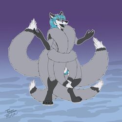 1:1 aleu_moonshadow ambiguous_gender anthro balls blue_hair canid canine digitigrade fox fur genitals grey_body grey_fur hair hi_res mammal multi_tail nikorokumitsero pubes solo tnargraef