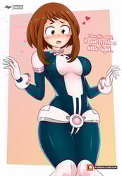 1girls blush bodysuit boots brown_eyes brown_hair embarrassed female female_only my_hero_academia myst ochako_uraraka skin_tight solo suit thick_thighs tight_clothing tight_fit wide_hips worried yhw
