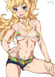 1girls bangs bare_shoulders belt bikini bikini_top bikini_under_clothes blonde_hair blue_eyes blush bracelet breasts chains collarbone denim denim_shorts female female_only fingernails gyaru hand_on_hip highres hip_focus idolmaster idolmaster_cinderella_girls jewelry kogal long_fingernails long_hair looking_at_viewer medium_breasts nail_polish navel navel_piercing necklace ootsuki_yui open_mouth piercing pink_nails ponytail short_shorts shorts sidelocks signature simple_background smile solo solo_female striped striped_bikini suna swept_bangs swimsuit thighs wavy_hair white_background