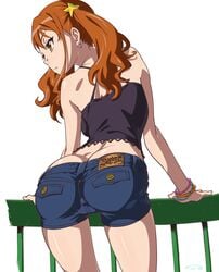 1girls anohana:_the_flower_we_saw_that_day ass ass_cleavage bare_shoulders bracelet butt_crack denim denim_shorts earrings female female_only gyaru highres jewelry long_hair matching_hair/eyes nail_polish naruko_anjou orange_eyes orange_hair short_shorts shorts simple_background solo solo_female suna tied_hair twintails white_background