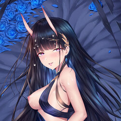 1girls alternate_costume azur_lane bangs bare_shoulders blue_dress blue_flower blue_rose blunt_bangs blush breasts cirnos commentary_request cum cum_on_body cum_on_hair dress earrings facial female female_only flower hair_ornament halter_dress heart heart-shaped_pupils horns jewelry light-skinned_female light_skin long_hair lying medium_breasts nipples noshiro_(azur_lane) noshiro_(xanadu's_eventide)_(azur_lane) official_alternate_costume on_side oni_horns purple_eyes rose sakura_empire_(azur_lane) smile solo strap_slip stud_earrings symbol-shaped_pupils tongue tongue_out upper_body x_hair_ornament