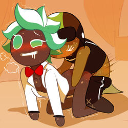 anal_sex bedroom blush bowtie clothing cookie_run dark_skin drool gay green_hair hair_highlights helmet holding_waist kiwi_cookie mint_choco_cookie movement_lines pants_down partially_clothed sweat visible_breath yaoi