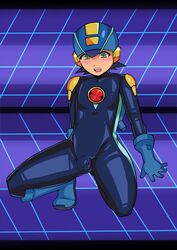 1boy 2d alternate_version_available argrim bodysuit boots bulge capcom gloves green_eyes male_only mega_man mega_man_battle_network megaman.exe rockman rockman_exe rockman_exe_(character) squatting tagme