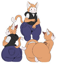 1boy back_view backsack bending_over black_jacket black_stripes blue_jeans bubble_ass bubble_butt bulge cat_ears cat_tail fat_ass feline femboy front_view looking_at_viewer looking_back male male_only naked oliver_(sssonic2) orange_fur red_eyes repost scared shortstack son sssonic2 teapot_(body_type) thick_ass thick_thighs tight_clothing tight_pants white_shirt