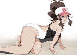 1girls :p big_breasts blue_eyes chubby eye_contact female hat hilda_(pokemon) large_breasts long_hair looking_at_viewer nintendo oryuto pokemon pokemon_bw ponytail solo swimsuit thick_thighs thighs tongue_out wet wide_hips