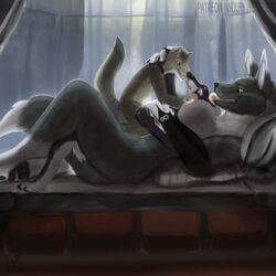 1:1 alaskan_malamute anthro bed blue_eyes breasts canid canine canis cuddling digimon digimon_(species) domestic_dog female furniture genitals green_eyes happy hi_res inside larger_female licking male mammal nordic_sled_dog paws penis pillow renamon size_difference smaller_male smile spitz tongue tongue_out window wolf wolfywetfurr_(artist)