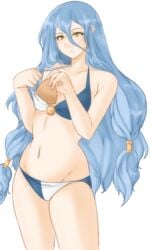 1girls azura_(fire_emblem) bare_shoulders bikini blue_hair blush breast_padding breasts collarbone curvy facing_to_the_side female fire_emblem fire_emblem_fates fire_emblem_heroes frown groin hair_between_eyes hair_ornament highres light_blue_hair light_blush long_hair looking_at_breasts navel nintendo parted_lips small_breasts solo swimsuit thighs transparent_background tridisart very_long_hair yellow_eyes